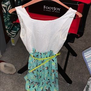 Blue floral and white dress with neon belt